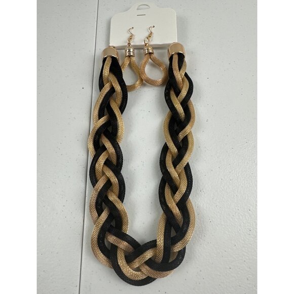 Braided Black & Gold Necklace And Earrings Set - Bold & Beautiful Jewelry - Picture 2 of 3